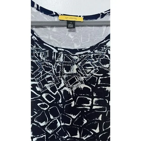 ST. JOHN PRINTED SCOOP NECK BLACK PRINT RHINESTONE NECKLINE TOP SZ XL - Picture 4 of 11